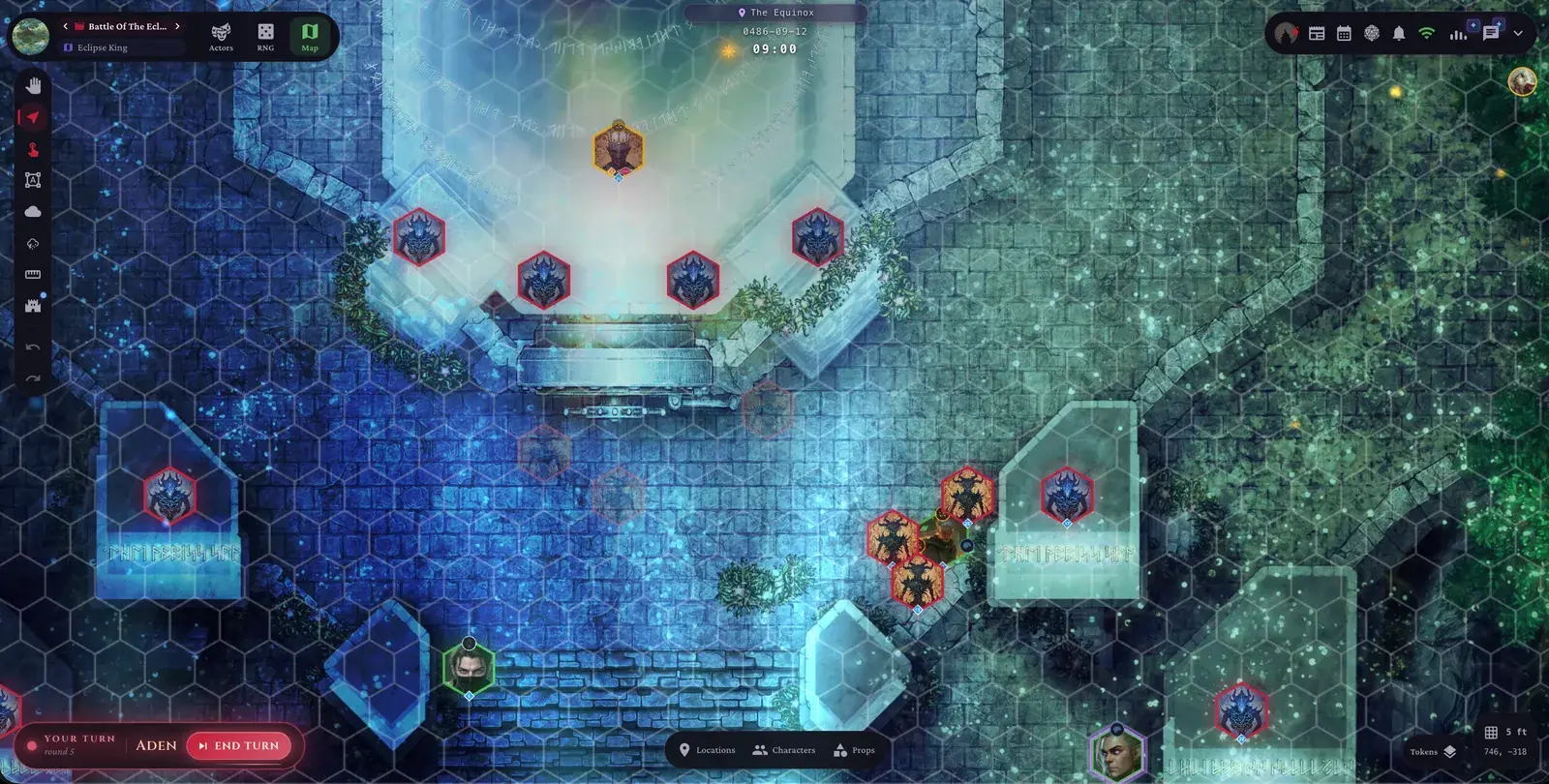 A hex-grid battle map in WorldMaster RPG