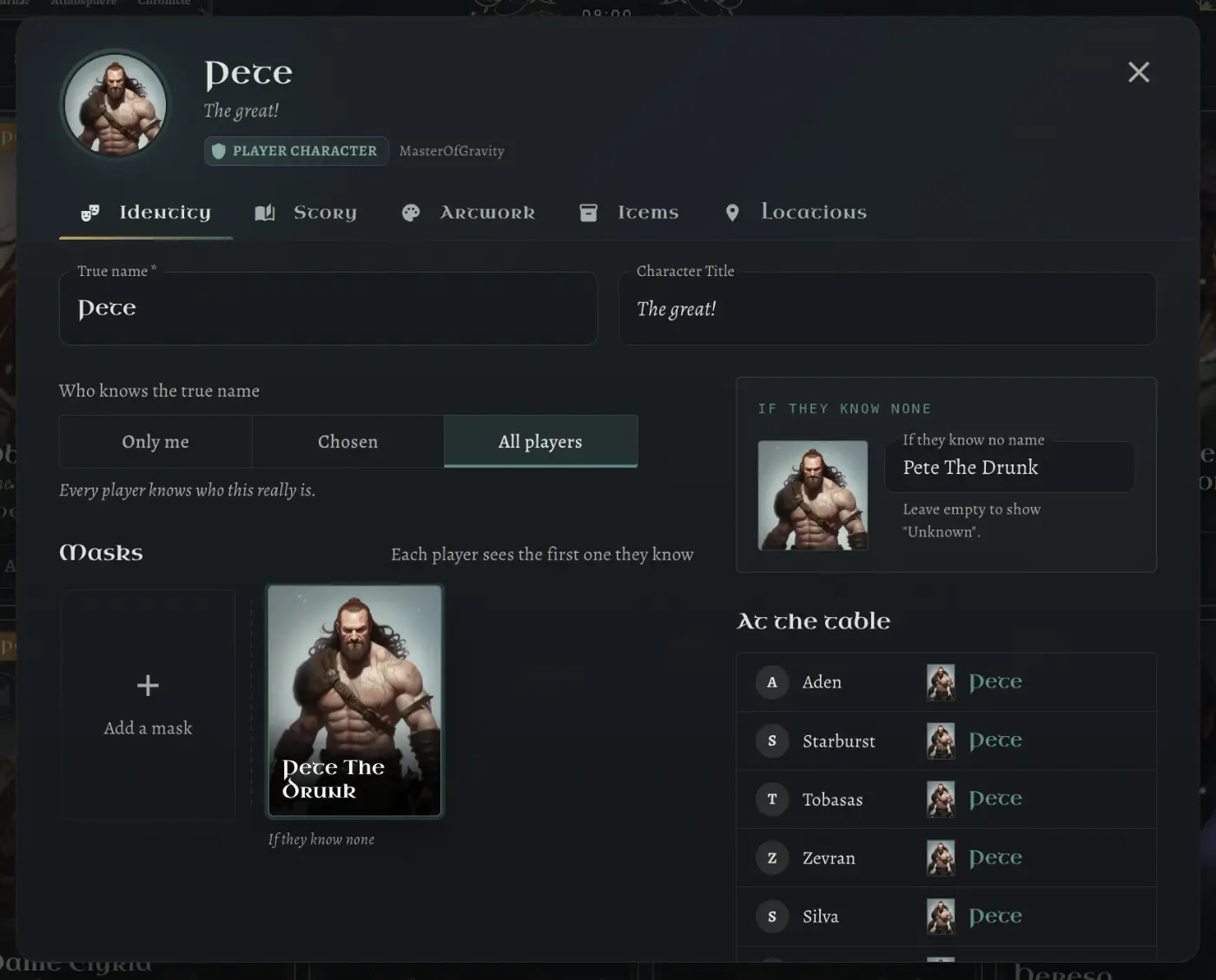 WorldMaster RPG character identity editor with masks and a per-player preview