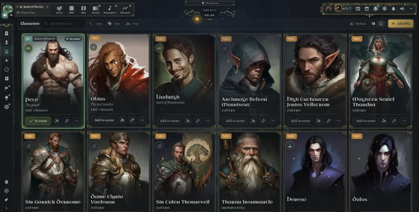 WorldMaster RPG character list with portrait cards for PCs and NPCs