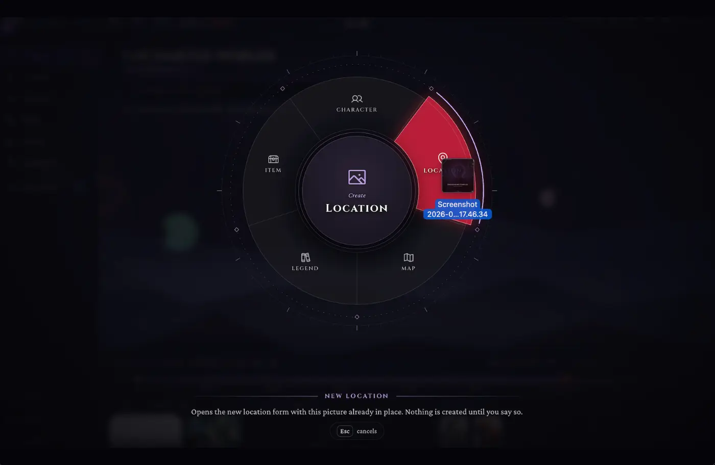 WorldMaster RPG creation wheel offering Character, Location, Legend, Item and Map for a dropped picture