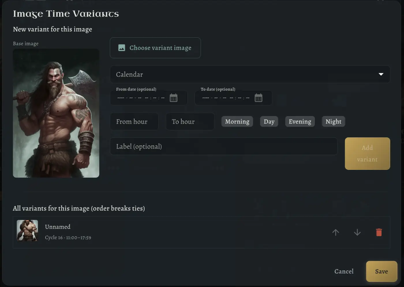 WorldMaster RPG image time variants dialog with a base portrait and a variant for daytime hours